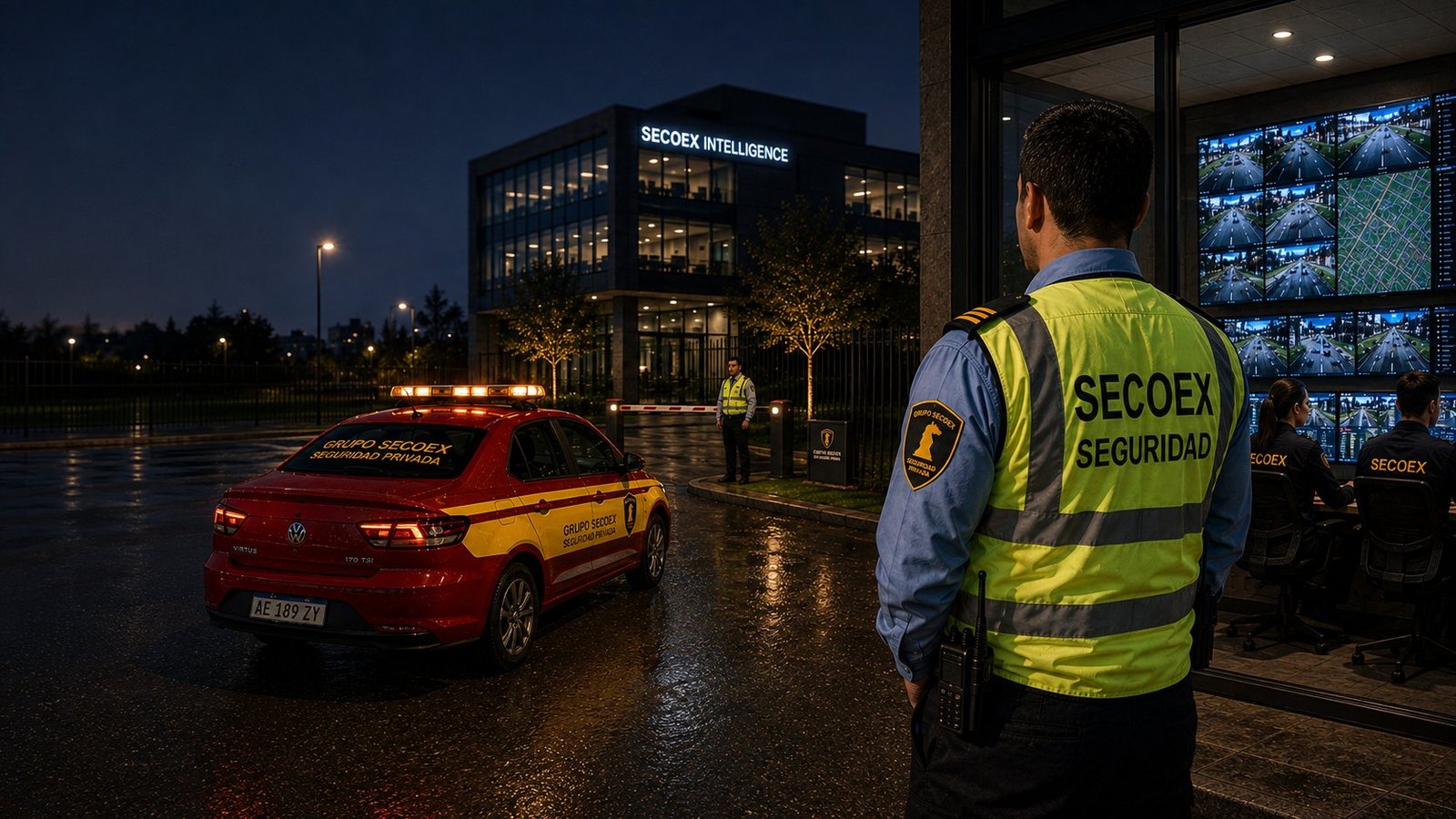 Vigilador, móvil patrullero y centro de monitoreo de Grupo SECOEX frente a la sede