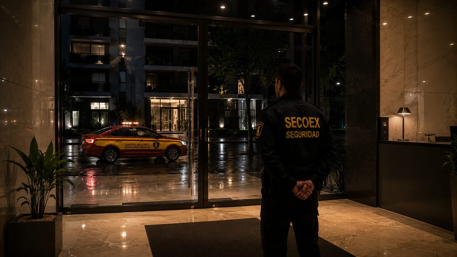 Vigilador de Grupo SECOEX de espaldas, custodiando el acceso vidriado de un edificio por la noche