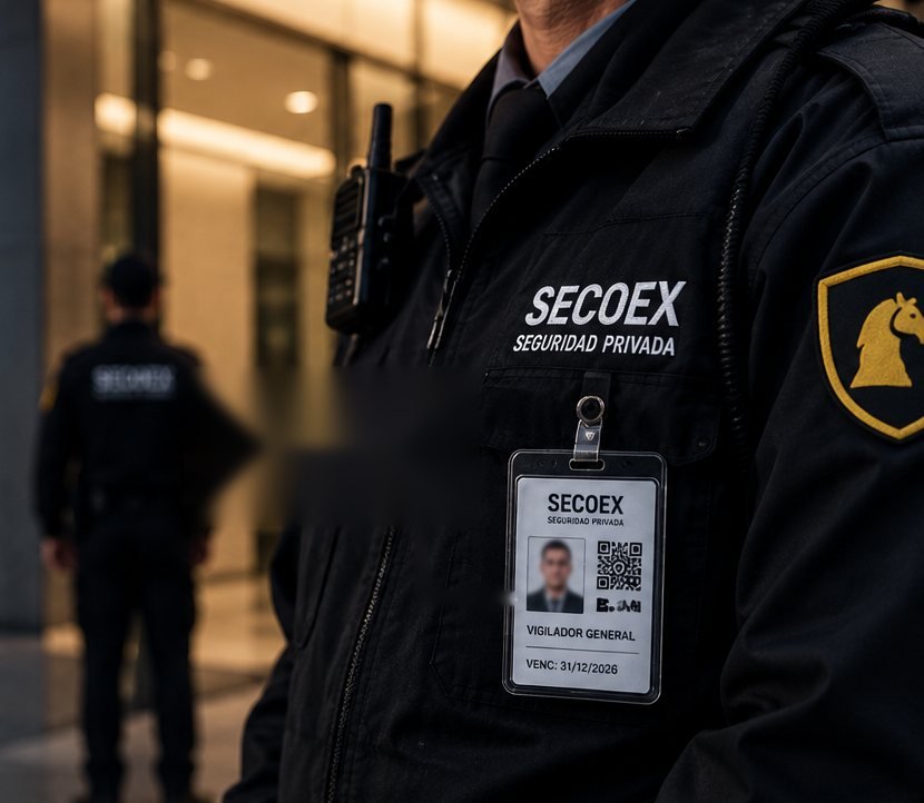 Vigilador de Grupo SECOEX con uniforme negro e identificación visible en un edificio corporativo (imagen ilustrativa)